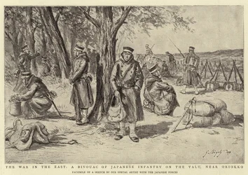 The War in the East, A Bivouac of Japanese Infantry on the Yalu, near Oriokko